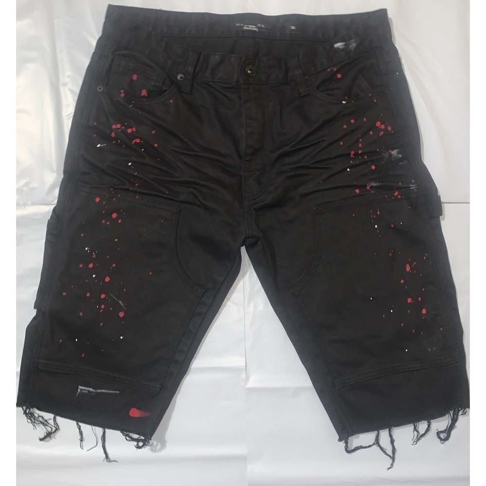 Decibel Shorts Men 36 Double Knee Paint Splatter Raw Hem Grunge Punk Denim Black